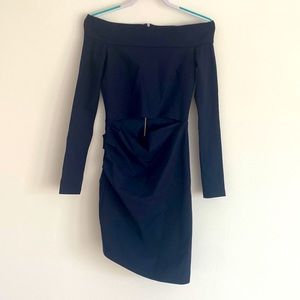 Bec & Bridge Off Shoulder Navy Midi Long Sleeve Fitted Front Cut Out Dress Sz. 4